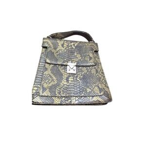 Snake Print Crocodile Embossed Fur Leather Hand Bag Silver Hardware Size M